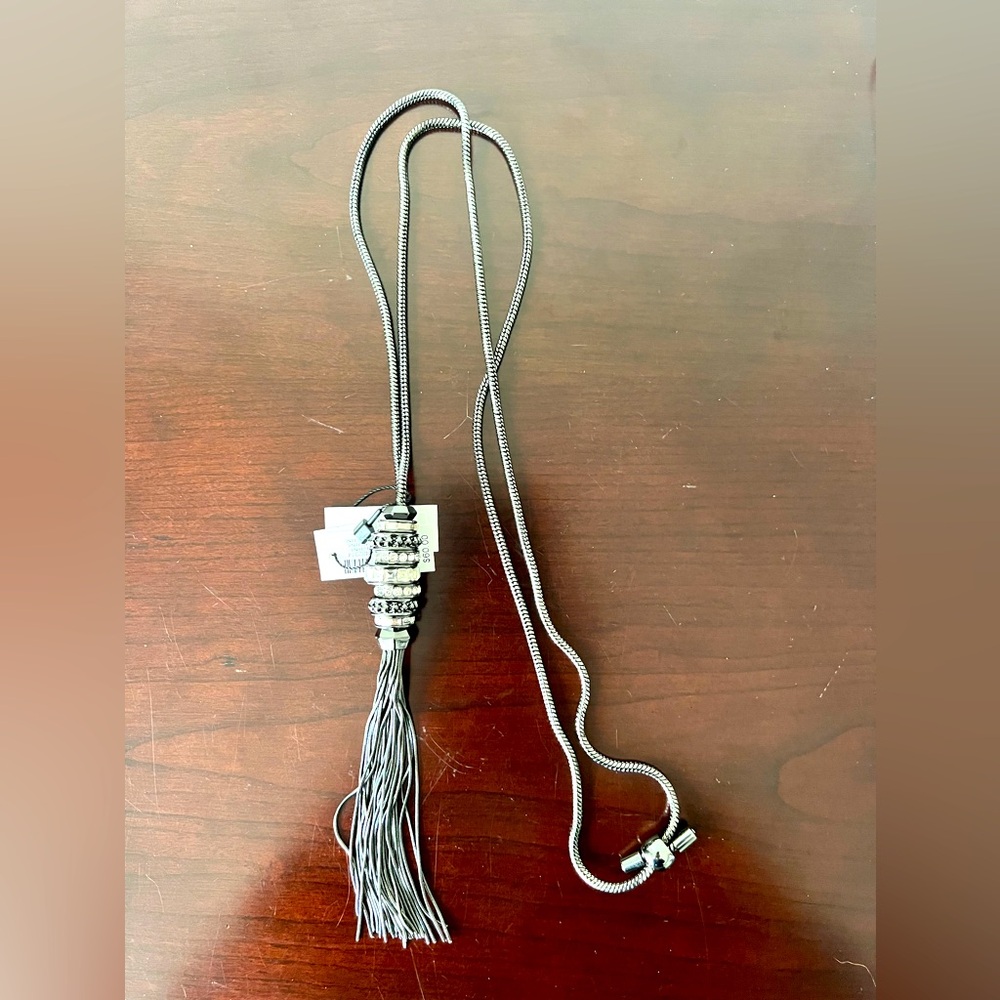 White House Black Market Silver Tassle Necklace with crystal accents